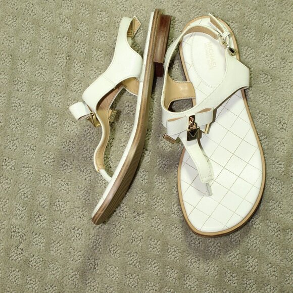 Michael Kors Women's Size 9M White Flat Sandals with Gold-tone Logo Padlock - Picture 1 of 6